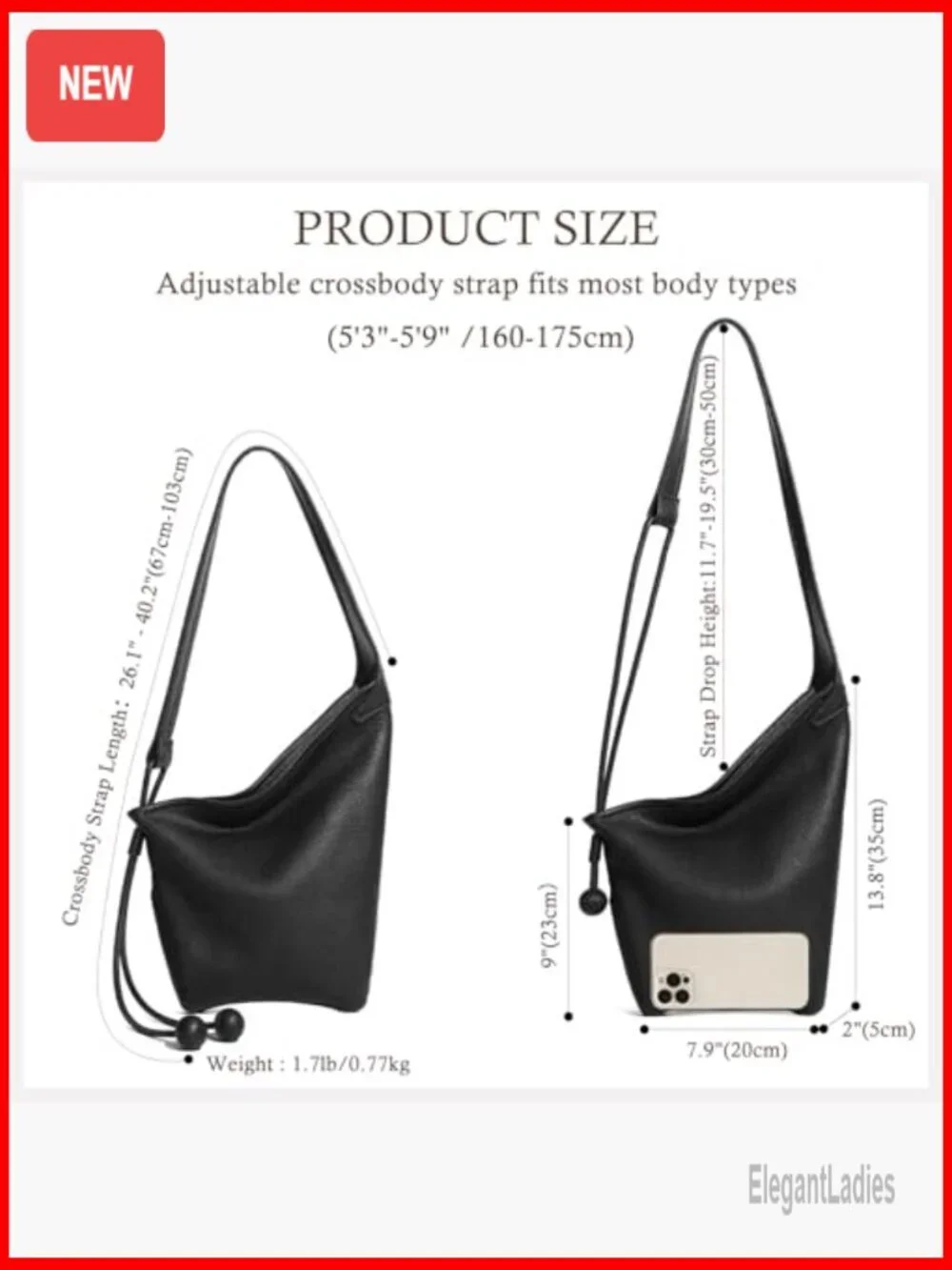 Genuine Leather Hobo Bag Medium Tote Adjustable Strap Crossbody